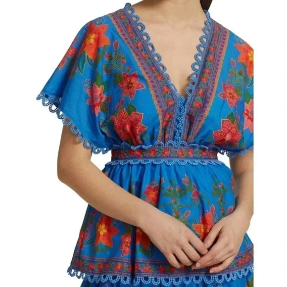 NWT Farm Rio Tropical Tapestry Blue Lace Layered Midi Summer Dress Size XS - Picture 4 of 11